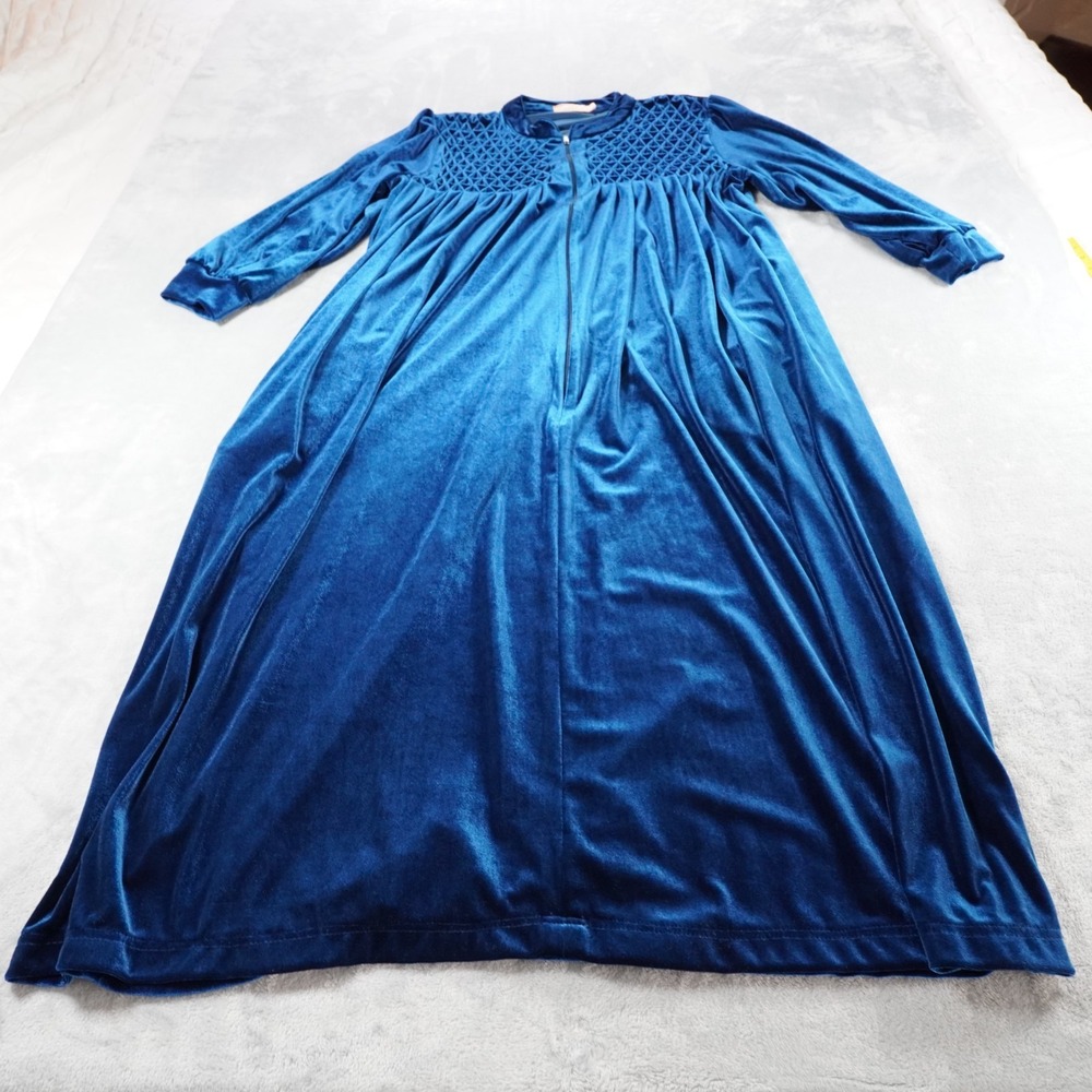 La Cera Womens Velour Bathrobe XL Blue Nightgown Kaftan Smocked Pockets Cozy - Picture 4 of 14